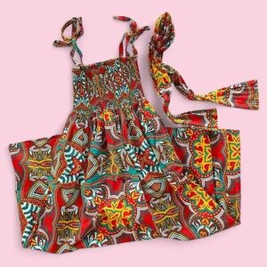 Maxi 🌺 Dress | Satsuma Ankara-Inspired | Red/Orange/Teal | Tie Shoulders | S/M